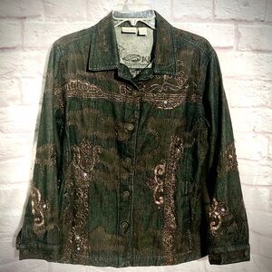 Chico’s Embellished Button-Up Shirt Jacket size 2 Grey Black lightweight Denim